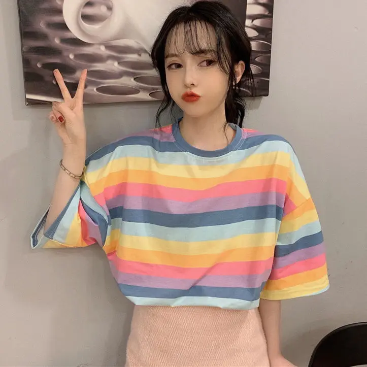 

Harajuku Rainbow Striped Short Sleeve T-shirt Women Summer Tops 2021 Cute Oversize Tees Shirts Schoolgirl Street Style Clothes