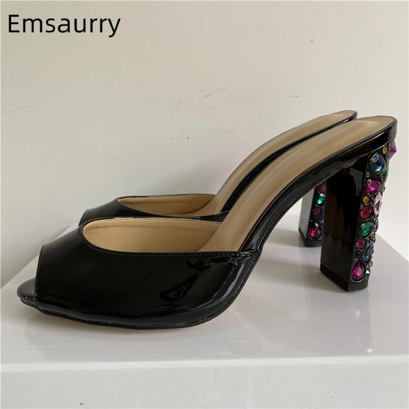

Colorful Rhinestone High Heel Sandals For Girls Women Sexy Peep Toe Luxury Patent Leather Slingbacks Mules Summer