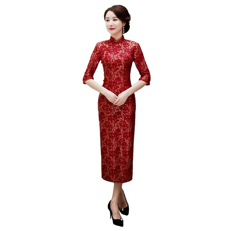 

2021 Women Bling Lace Floral Chinese Dresses Slim Wedding Party Mother Straight Long Cheongsam Half Sleeve Qipao Banquet Gown