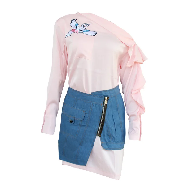 

eBay's best selling solid color shoulder-exposed embroidered shirt skirt irregular waist Outfits women's fashion