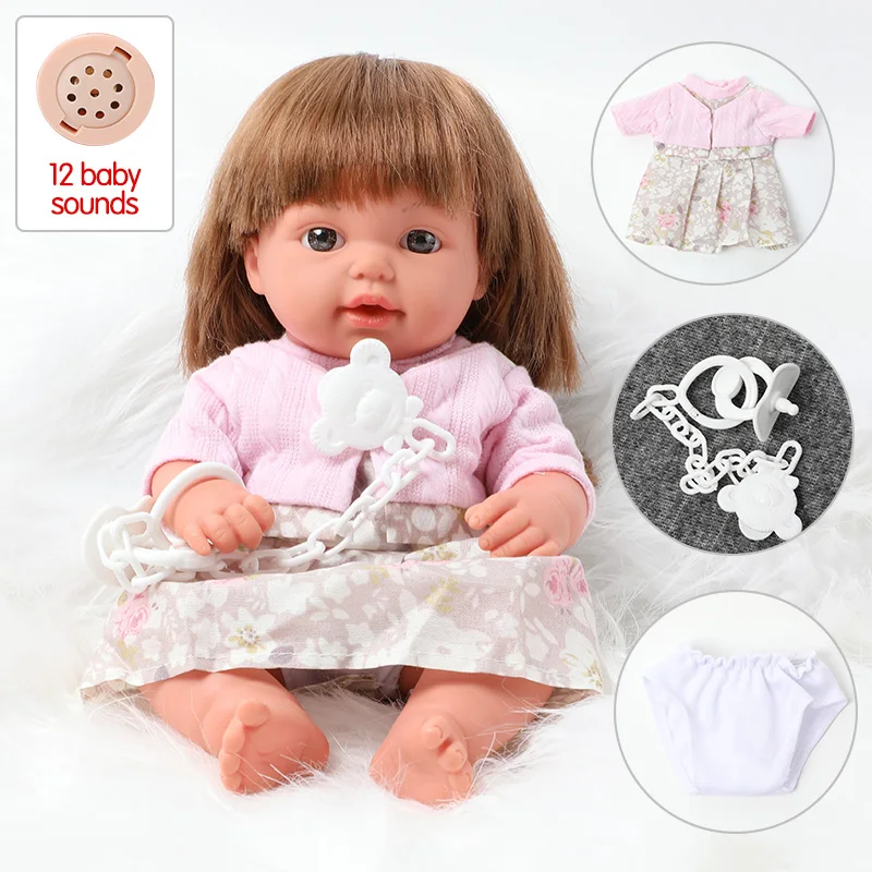 

12 inch simulation bebe reborn Silicone 30.5cm Realistic sound Baby Doll Clothes skirt Pacifier chain set for toys children