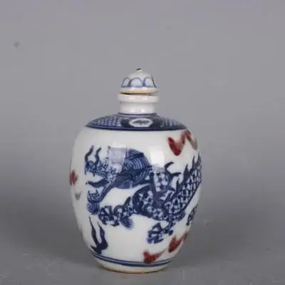 

Изысканный античный фарфор сине-белый подглазурь Красный Дракон узор табак бутылка украшение для дома