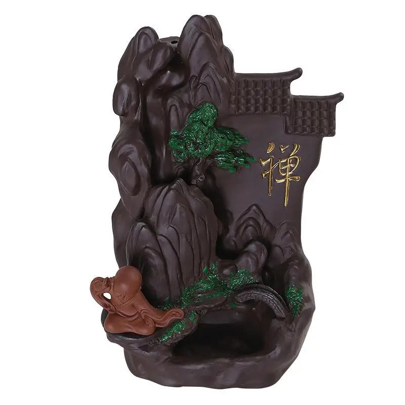 

Zen Backflow Incense Burner Lovely Monk Smoke Waterfall Incense Sticks Holder 20 Pcs Incense Cones Home Decor Purple Sand Plated