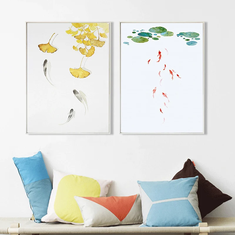 

Chinese Ink Painting Lotus Silver Letter Leaf The Carp Ornamental Fish Pond Canvas Poster Wall Art Picture For Living Room Study
