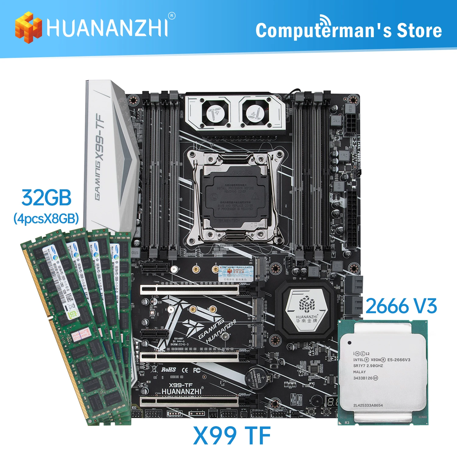 HUANANZHI-kit combinado de placa base X99 TF, CPU Intel XEON E5 2666 V3, Memoria 4x8G DDR3 RECC 1600, Memoria M.2 NVME USB3.0 ATX