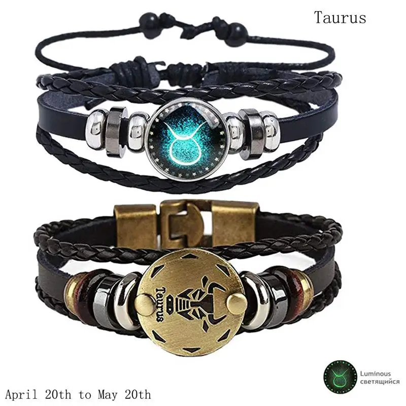 Taurus 2 шт./компл. 12 созвездий Браслеты световой кожаный браслет гороскоп плетеный браслет Для мужчин Для женщин ювелирные изделия наручные часы подарок - Окраска металла: Taurus
