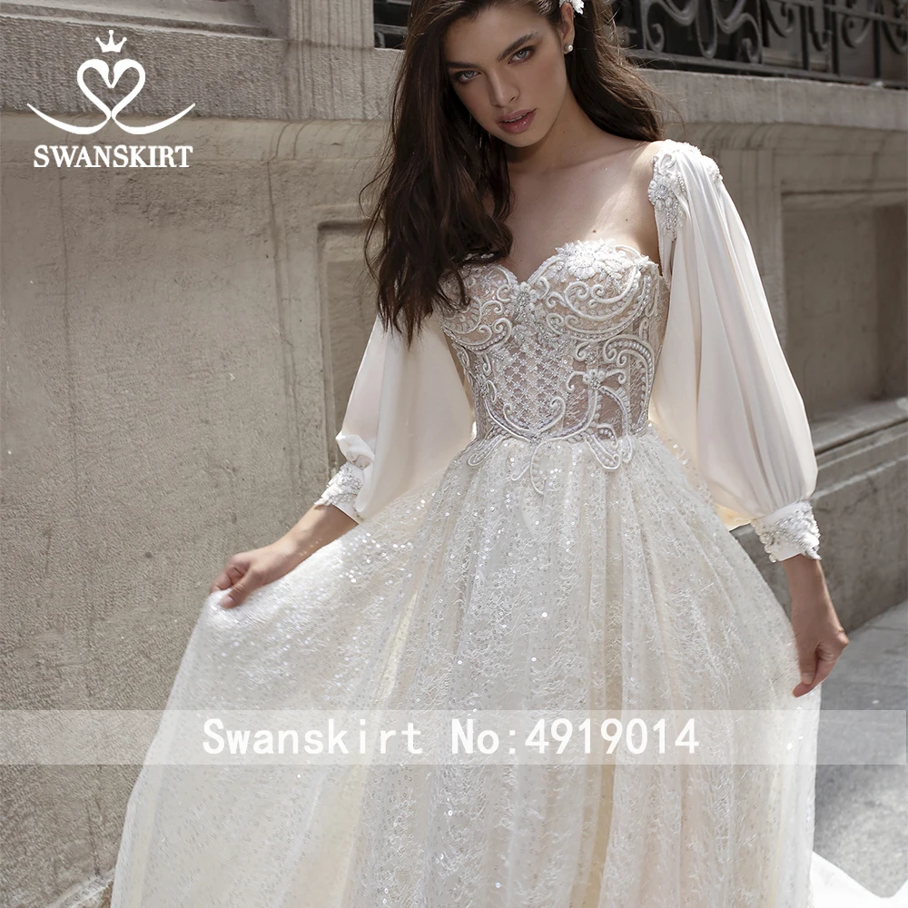 Vestido de Noiva, роскошное свадебное платье, расшитое бисером,, шикарная юбка, Сказочная аппликация, а-силуэт, с рукавом, принцесса, иллюзия, платье невесты, DY08