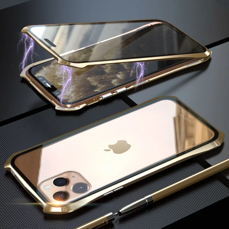 Золотой Для iPhone 11 Pro Max 11 чехол, стиль летучая мышь тонкая металлическая рамка, взрывозащищенный чехол из закаленного стекла с магнитной адсорбцией - Цвет: Золотой