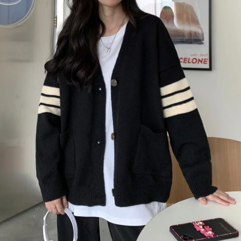 

Корейский стиль, черный вязаный кардиган QWEEK, Женский Свитер оверсайз, однобортная трикотажная одежда, осень-зима, уличная одежда, джемперы, ...