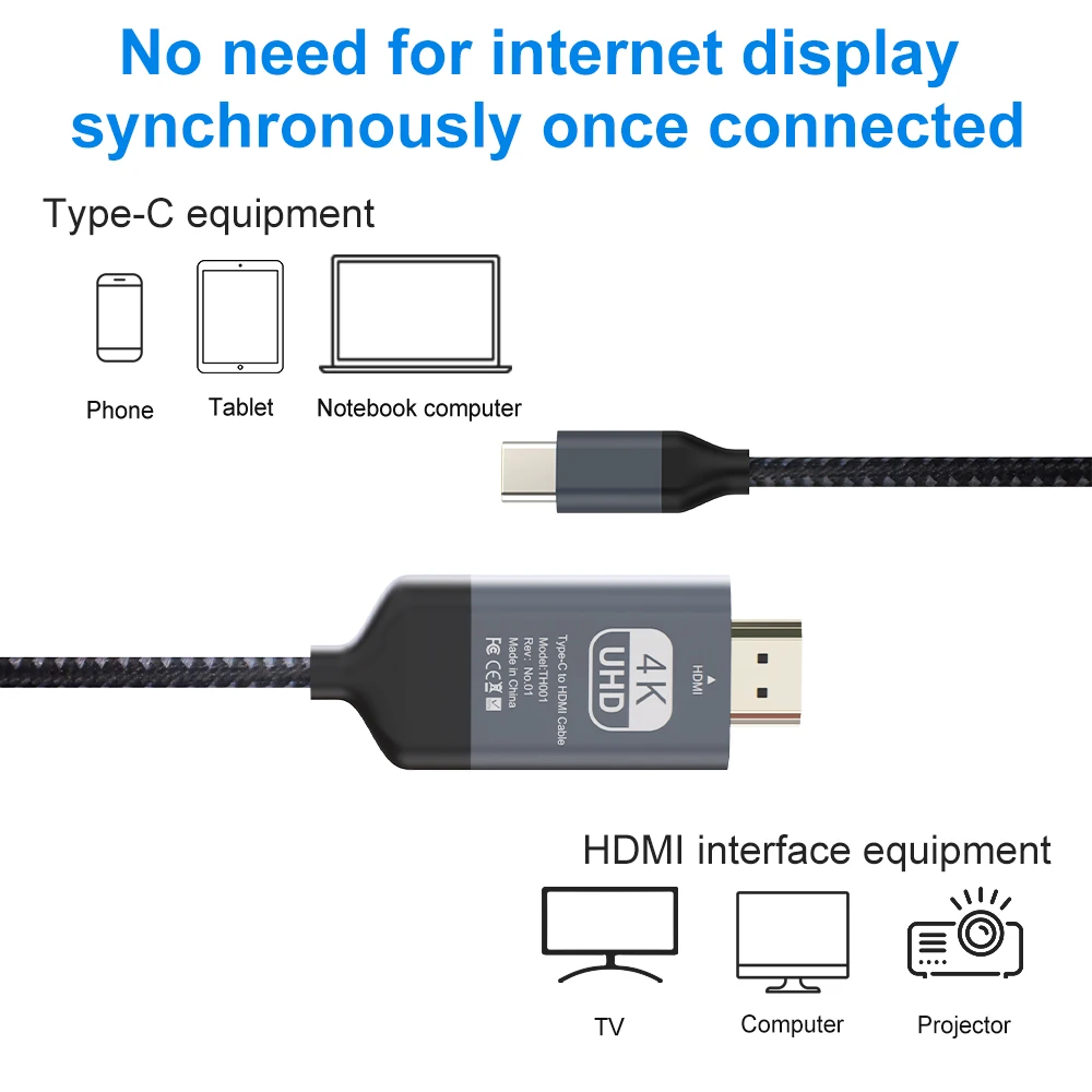 

2m USB C/Type C to HDMI 2.0 4K 60Hz Projection Cable HDMI Adapter For Xiaomi Huawei Vivo Samsung Galaxy Android