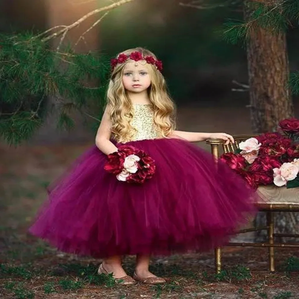 

Real Purple Tulle Sequin Sparkly Flower Girl Dresses Birthday Communion Robe De Demoiselle Princess Baby Party Custom Made