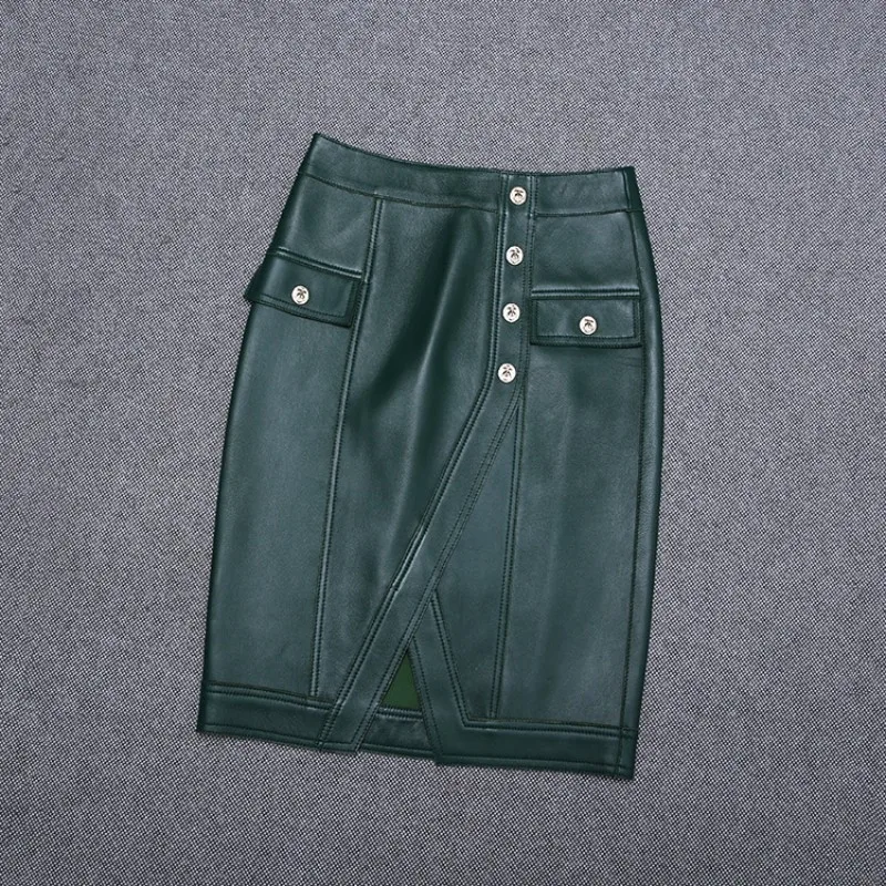 

Women Wrap Autumn Skirt Office Ladies Knee Length Split Genuine Leather Skirts Women Single Breasted Straight High Waist Skirts