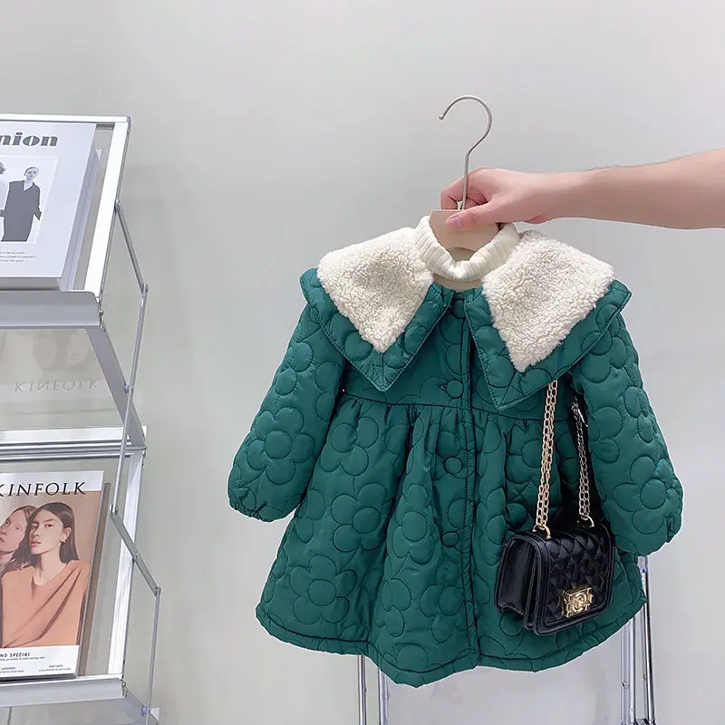 

Baby Girl Princess Coat Dress Winter Warm Infant Toddler Cotton Jacket Peter Pan Collar Plus Velvet Warm Outwear Baby Clothes