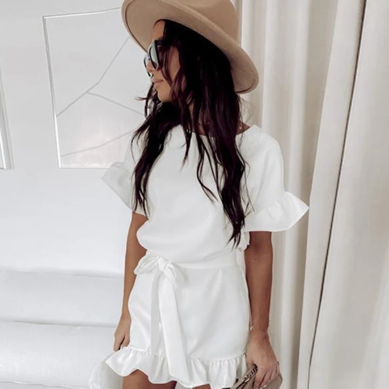 

Leisure A-Line Ruffle Women'S Dress Elegant Round Neck Mini Dress Holiday Commuter Style in Spring and Summer