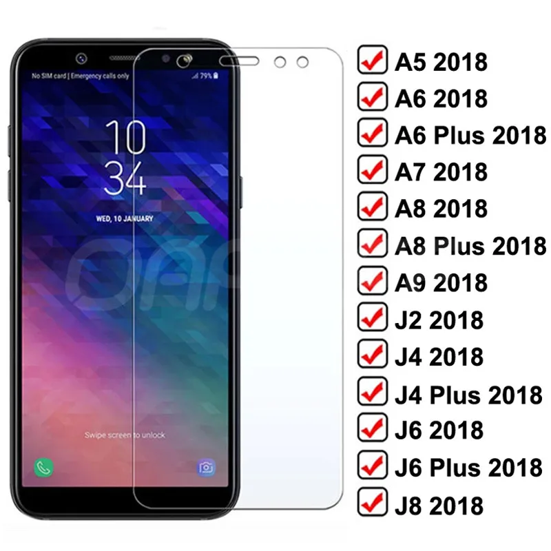 Закаленное стекло 9H для Samsung Galaxy A6 A8 J4 J6 Plus 2018 Защитное экрана A5 A7 A9 J2 J8 стеклянная