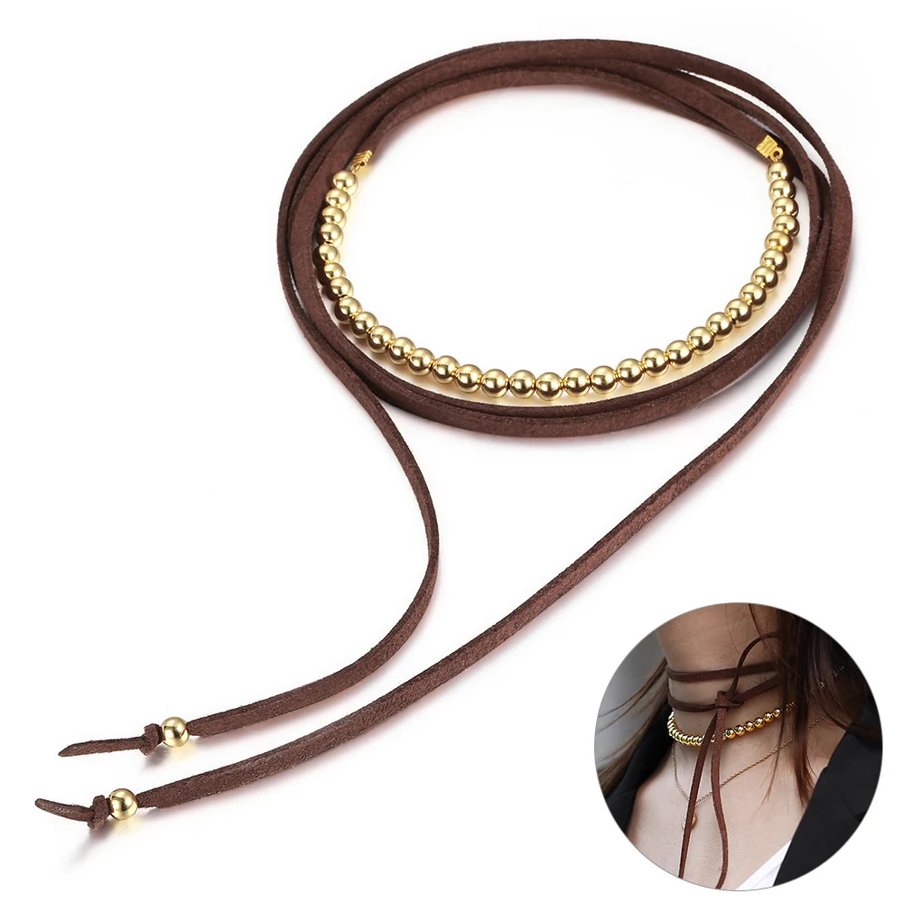Винтажное многослойное кожаное ожерелье чокер 4 мм для женщин и мужчин с бусинами
