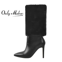onlymaker woman winter fashion warm short flock trouser tube boots pointed toe matte pu stiletto high heel boots