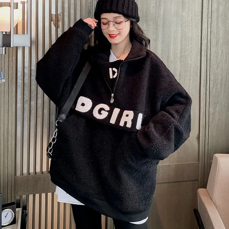 

Languid Hong Kong Style Lambskin Women Autumn Winter New Japanese Korean Loose Stand Collar Zipper Chic Print Top Fashion Lovely