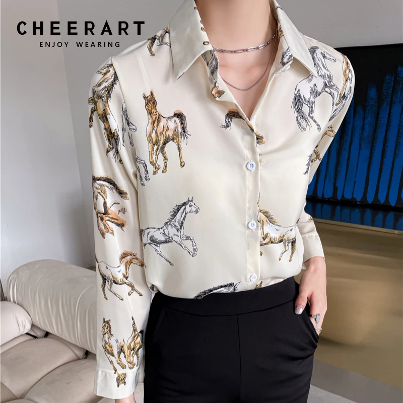 CHEERART Horse Print Chiffon Long Sleeve Top Button Up Shirt Beige Black Collared Shirt Blouse Fall 2021 Womens Fashion Clothing
