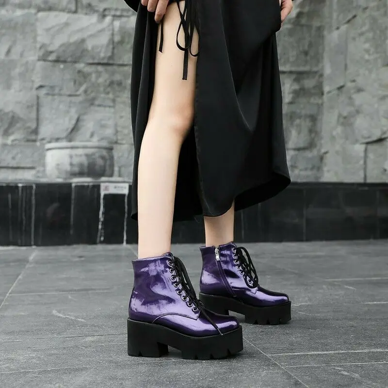 

Women's 34/43 Patent Leather Winter Warm Platform Block Heel Ankle Boots Biker