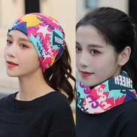 4 in1 graffiti women stretchy knitted skullies beanies hat solid snood scarf warm beanie for autumn winter female beanie cap
