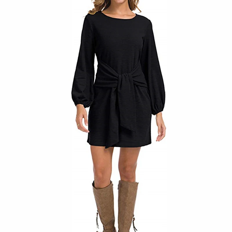 

Women Dress Summer Sexy Solid Color Round Neck Long Sleeve Lace Up Bodycon Mini Dress Robe Femme Vestidos Femininos