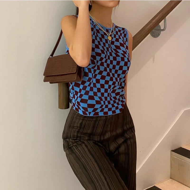 

Plaid Printed Woman Top 2021 Summer Knitted Y2K Women's Tank Tops Summer Crop Tee Streetwear Slim Shirts Women's Tube Top
