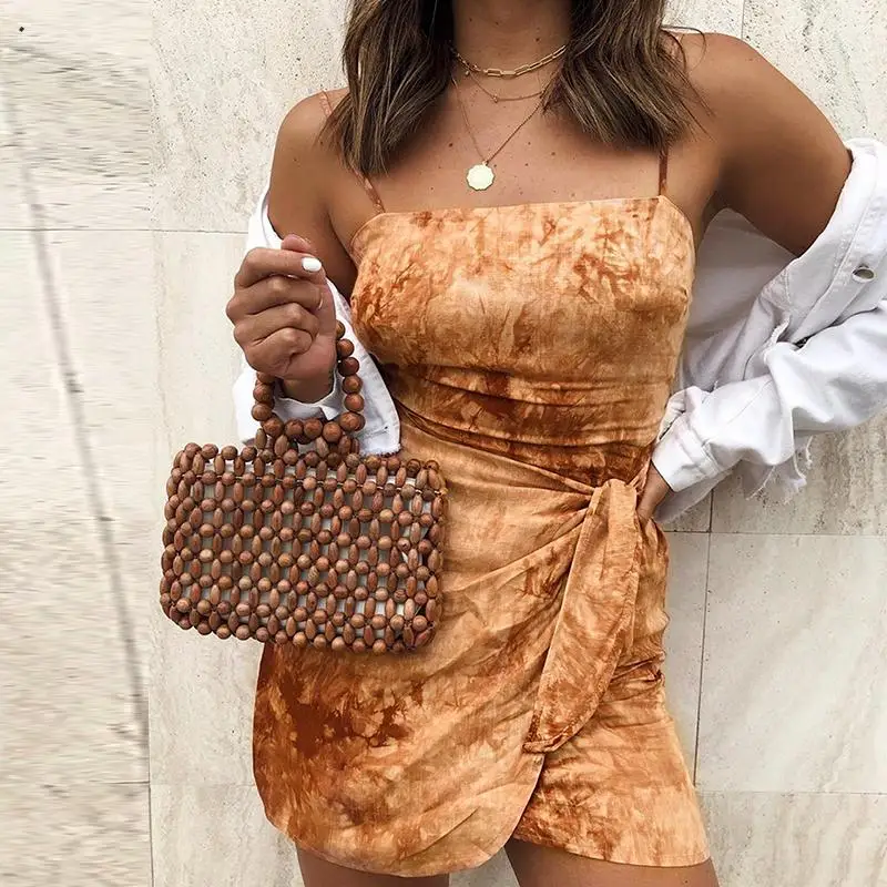 Короткое платье на бретельках летнее пляжное мини-платье с открытой спиной 2020 |