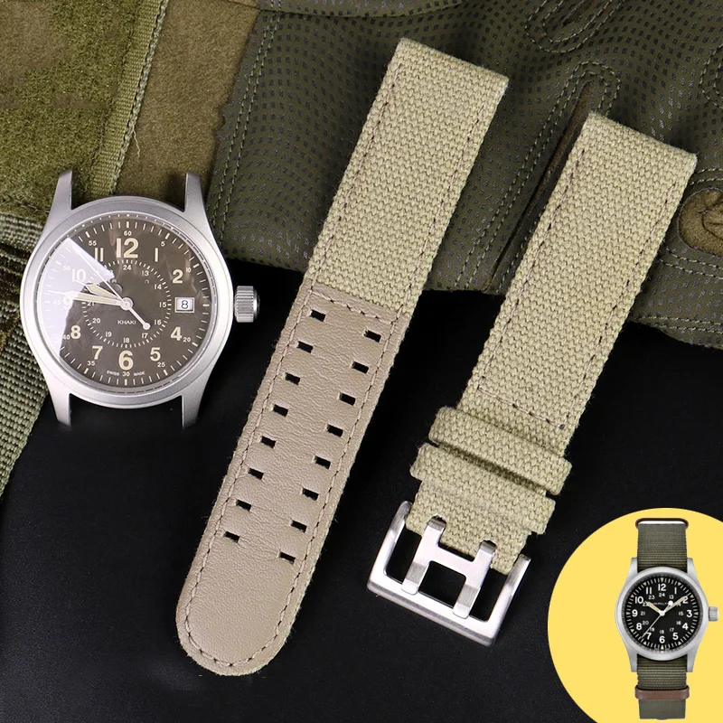 Canvas Leather Bottom Watc For Hamilton Khaki Field Watch H68201993 H7060596 Watchband Seiko Watch Strap 20mm 22mmBuckle