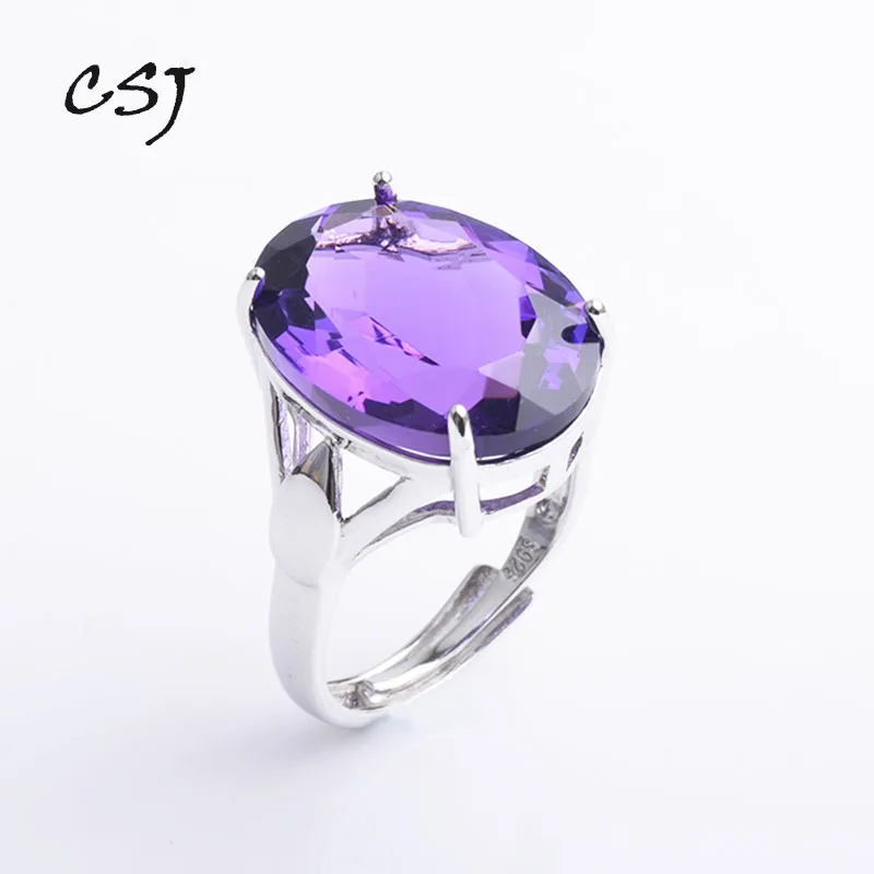CSJ Настоящее регулируемое кольцо с аметистом большого размера Стерлинговое