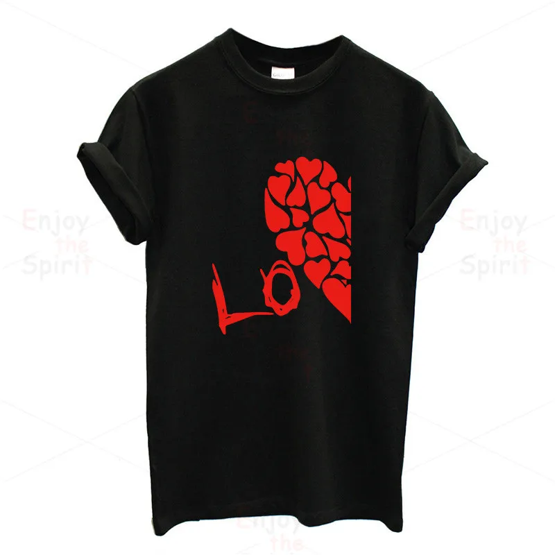EnjoytheSpirit, новинка, летние забавные парные футболки, наполовину красное сердце, любовь, печать, хлопок, круглый вырез, футболки, крутая, короткий рукав, парная одежда - Цвет: P915MBlack