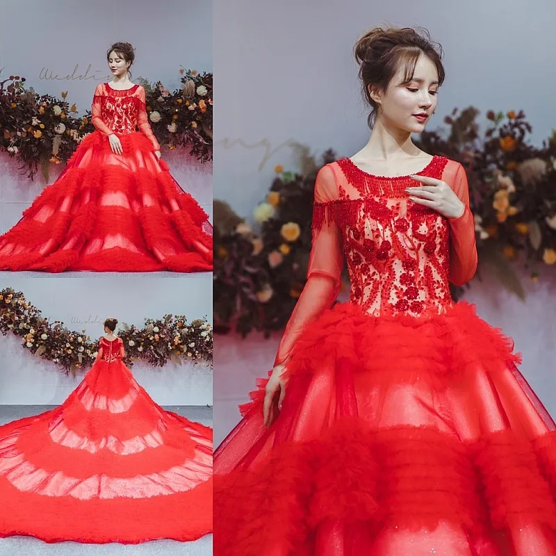 Красное красивое свадебное платье с бисером 2020 новый дизайн круглый вырез