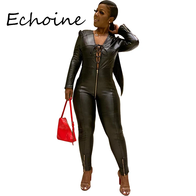 Женский Длинный кожаный комбинезон черный красный зеленый с вырезами | Женская