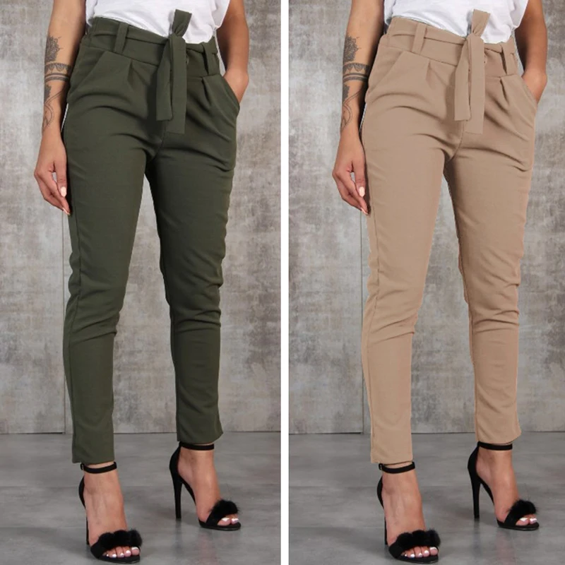 

Женские шифоновые брюки GAOKE, повседневные тонкие брюки с поясом и высокой талией, черные, хаки, зеленые брюки, женские брюки