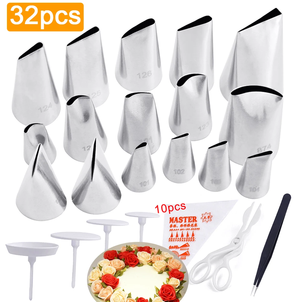 

32Pcs/set Flower Scissor+ Cake Tray+ 16pcs Tulips Rose Nozzle Nail Decor Lifter Fondant Cream Transfer Baking Pastry Kitchen