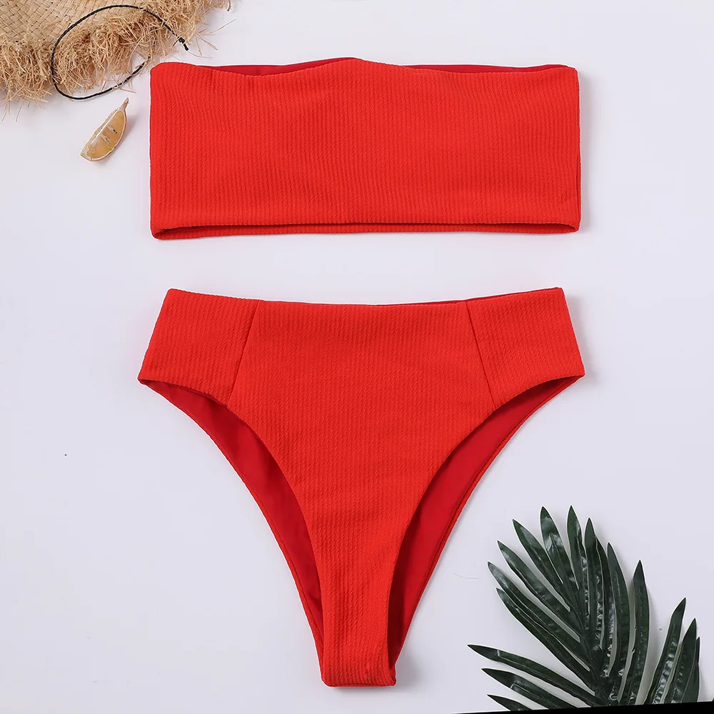 

2021 Sexy Solid Color Bikini Women Swimsuit Swimwear Fashion High Waist Bandeau Brazilian Biquini Beach Bikinis Set Bathing Suit