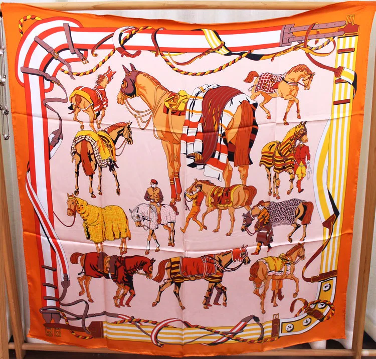 

Mulberry-Silk Scarf Top Satin Edge Scarfs Female Horse Print Shawl Stole Tippet Cape"Ronds de Marche"110cm 110cm