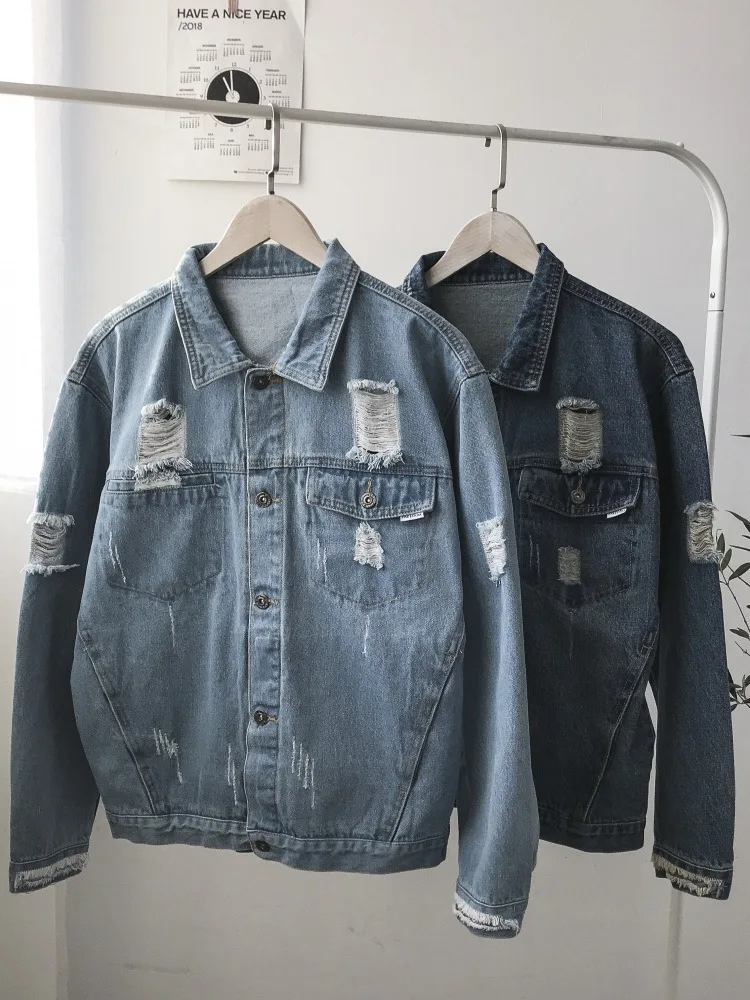 

Men Cotton Outwear Jacket Fashion Men Light Blue Denim Jackets Holes Jean Male Jackets Streetwear Casual Coats