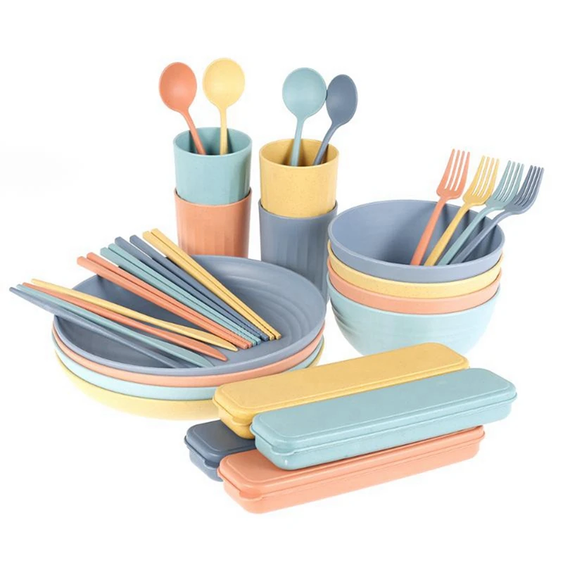 

New 32Pcs/Set Wheat Straw Nature Material Tableware Bowls Cups Plates Cutlery Fork Spoon Chopsticks Microwave Oven Available