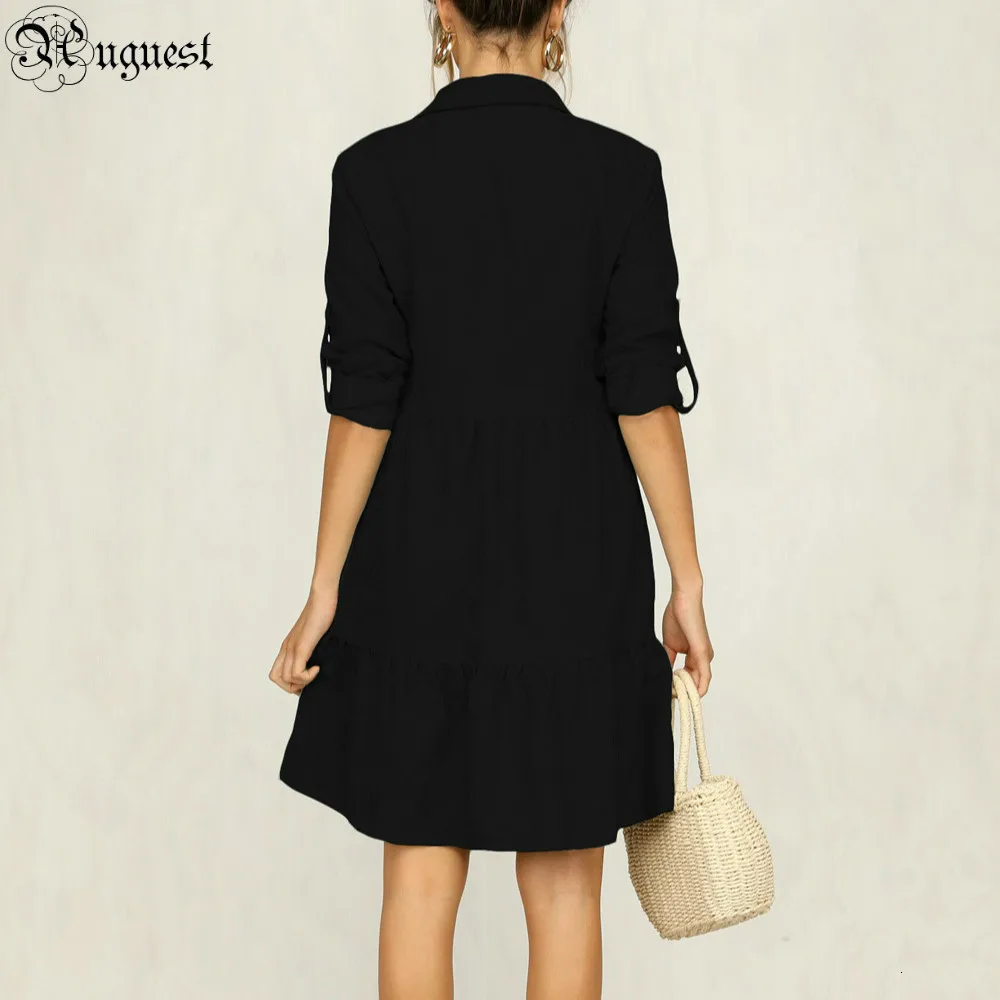 

Uguest Autumn Women Dress Plus Size Turn-down Collar Half Sleeve Buttons Loose Solid Pleated Casual Winter Dress Office Lady