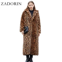 zadorin 2021 high street leopard print long faux fur coat fuzzy jacket for women winter faux rabbit fur plush coats and jackets