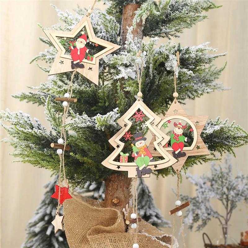 

Xmas New Year 2020 Christmas decorations DIY Wooden five-pointed star pendant Small tree six-pointed star window small hanging