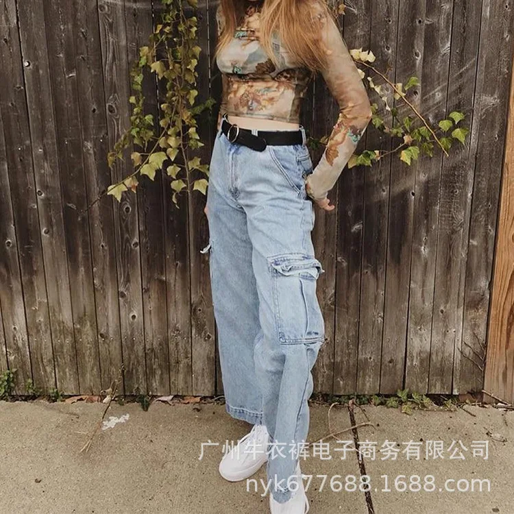 

Mandylandy Jeans Summer Button High Waist Solid Color Denim Straight-Leg Pants Women's Casual Pocket Stitching Loose Jeans