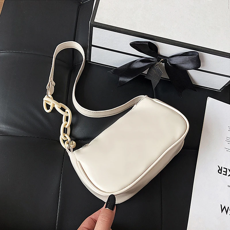 

Solid color baguette bag high quality soft PU leather shoulder chain crossbody bag new trendy fashion smooth Tote Bag Women