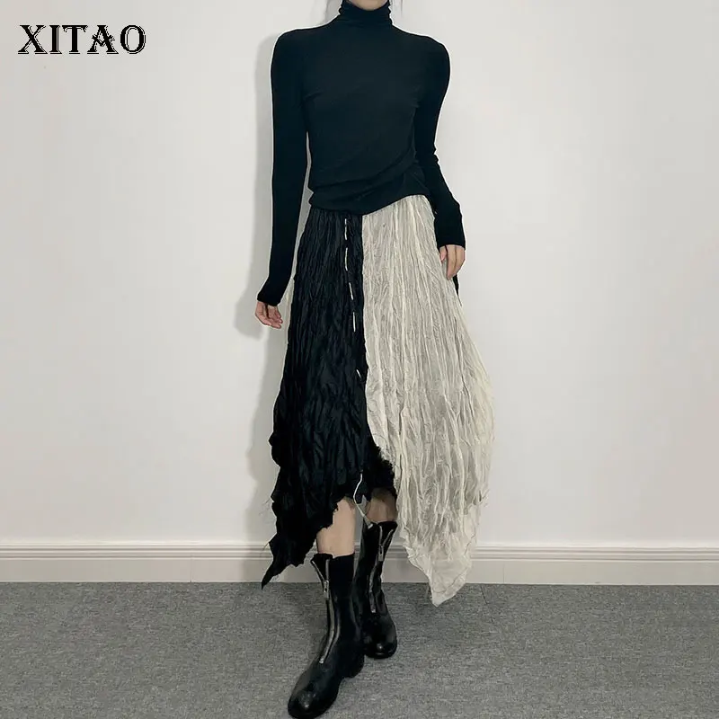 

XITAO, асимметричная юбка, модная, Лоскутная, плиссированная, богиня, веер, эластичная талия, маленькая, свежая, высокая талия, 2021, юбка GWJ2461