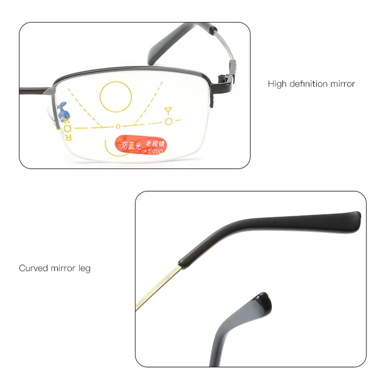 

Memory Titanium Multifocal Reading Glasses Progressive Bifocal Anti Blue Ray UV Protect Presbyopic Glasses Half Frame Men Women