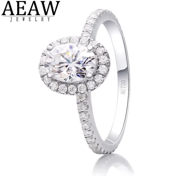 AEAW Oval Cut 1.00 Carat 5x7mm DF Color Moissanite Diamond Engagement Halo Ring Solid Real 18K White Gold Fine Jewelry for Women