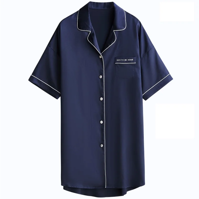 

Ice Silk Dress Lapel Summer Short-sleeved Plus Size Sleepwear Women Nightdress Home Wear Satin Couple Loose Cardigan Nightie