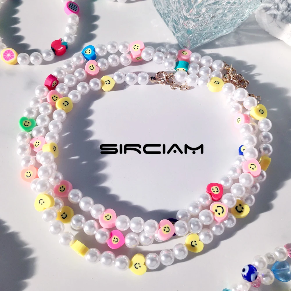 

Handmade Candy Color Heart Smiley Beaded Necklace For Women Imitation Pearls Choker Collar Sweet Boho Necklaces Summer Jewelry