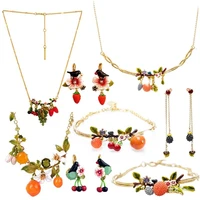 european and american fresh fruit series set enamel glaze orange lily flower bird cherry strawberry ear ring necklace bracelet